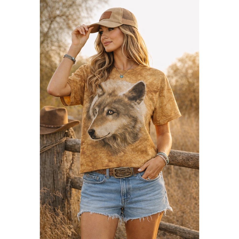 Gildan Heavy Cotton Wolf Graphic Tie Dye Tee Golden Brown Large Short Sleeve Y2K